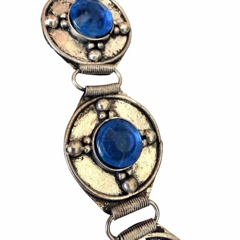 Vintage Tibetan Style Blue Art Glass Link Bracelet